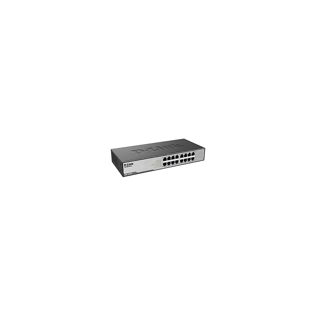 Grauer Netzwerk-Switch von D-Link mit 16 Anschlüssen.