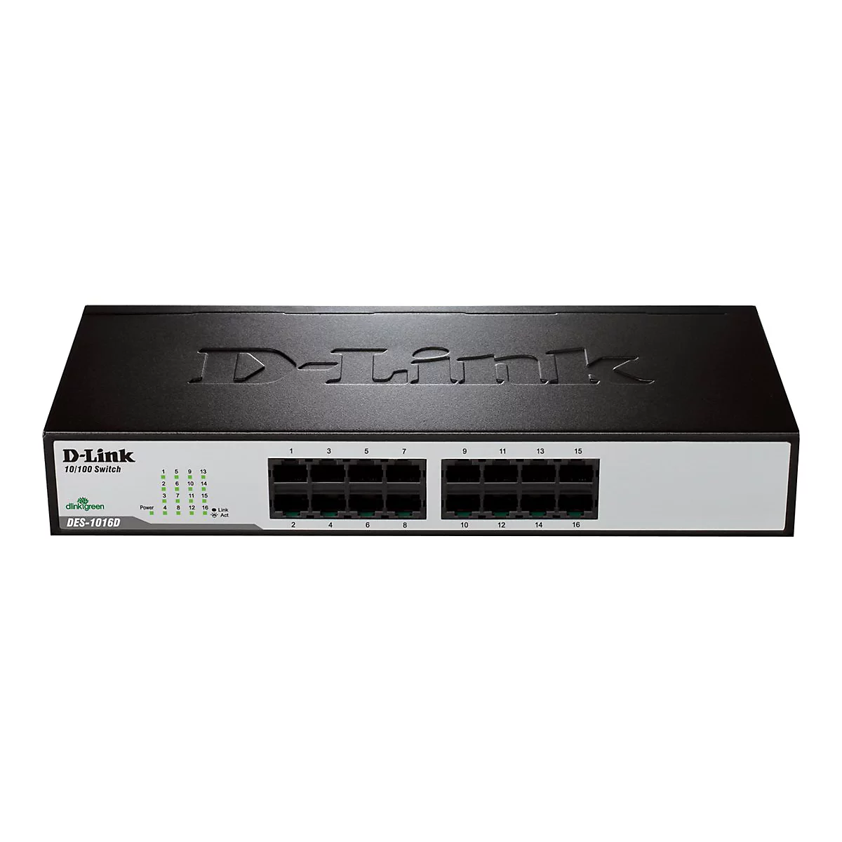Schwarzer D-Link Switch mit 16 Ports. Beschriftung: D-Link, 10/100 Switch, Ports 1-16. Weiße Schrift und grüne LEDs.