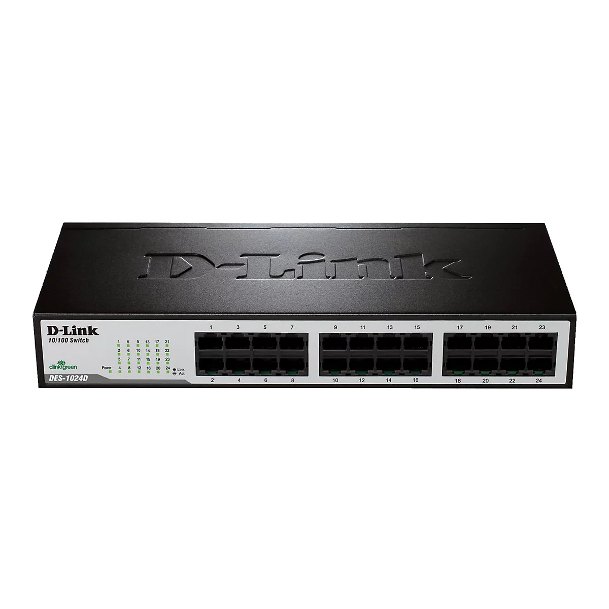 Schwarzer D-Link Switch mit 24 Ports. Oben steht D-Link. An der Vorderseite sind Ports und LEDs.