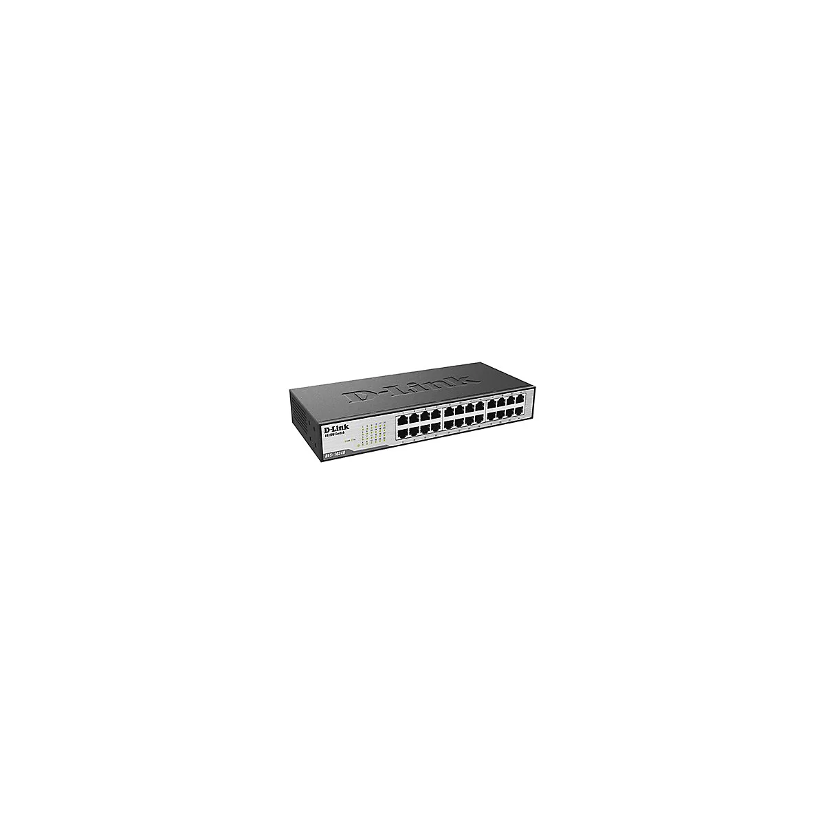 Ein schwarzer D-Link Switch mit 24 Ports. Auf der Oberseite steht D-Link. Auf der Front sind 24 Ports mit Nummern und Kontrollleuchten.