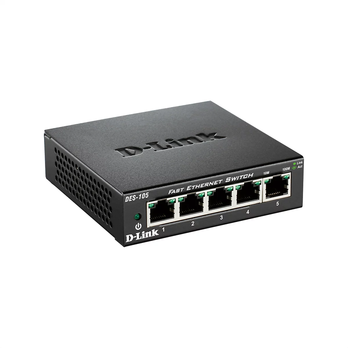 Commutateur Ethernet rapide D-Link noir avec cinq ports, étiquetage et voyants LED verts.