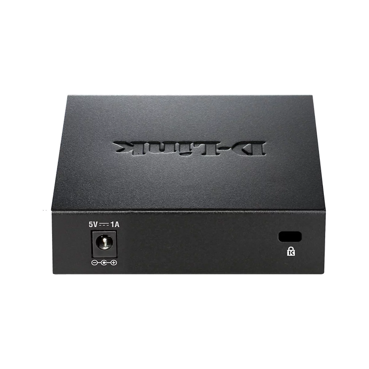 Routeur D-Link noir, dessus avec logo, avant avec entrée d'alimentation et symbole de sécurité.