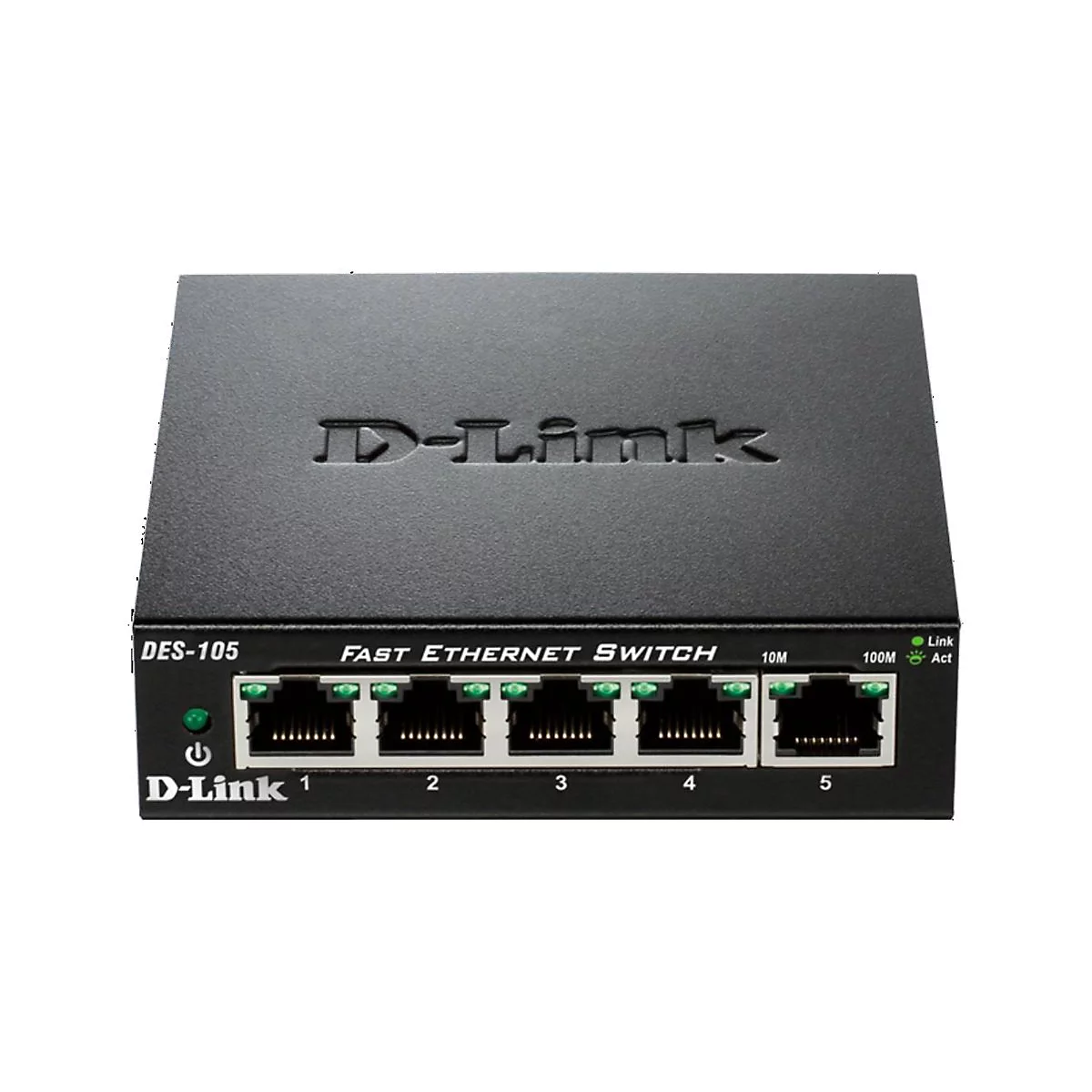 Commutateur Fast Ethernet D-Link noir. Logo D-Link en haut, en dessous des entrées avec des LED vertes et des étiquettes.
