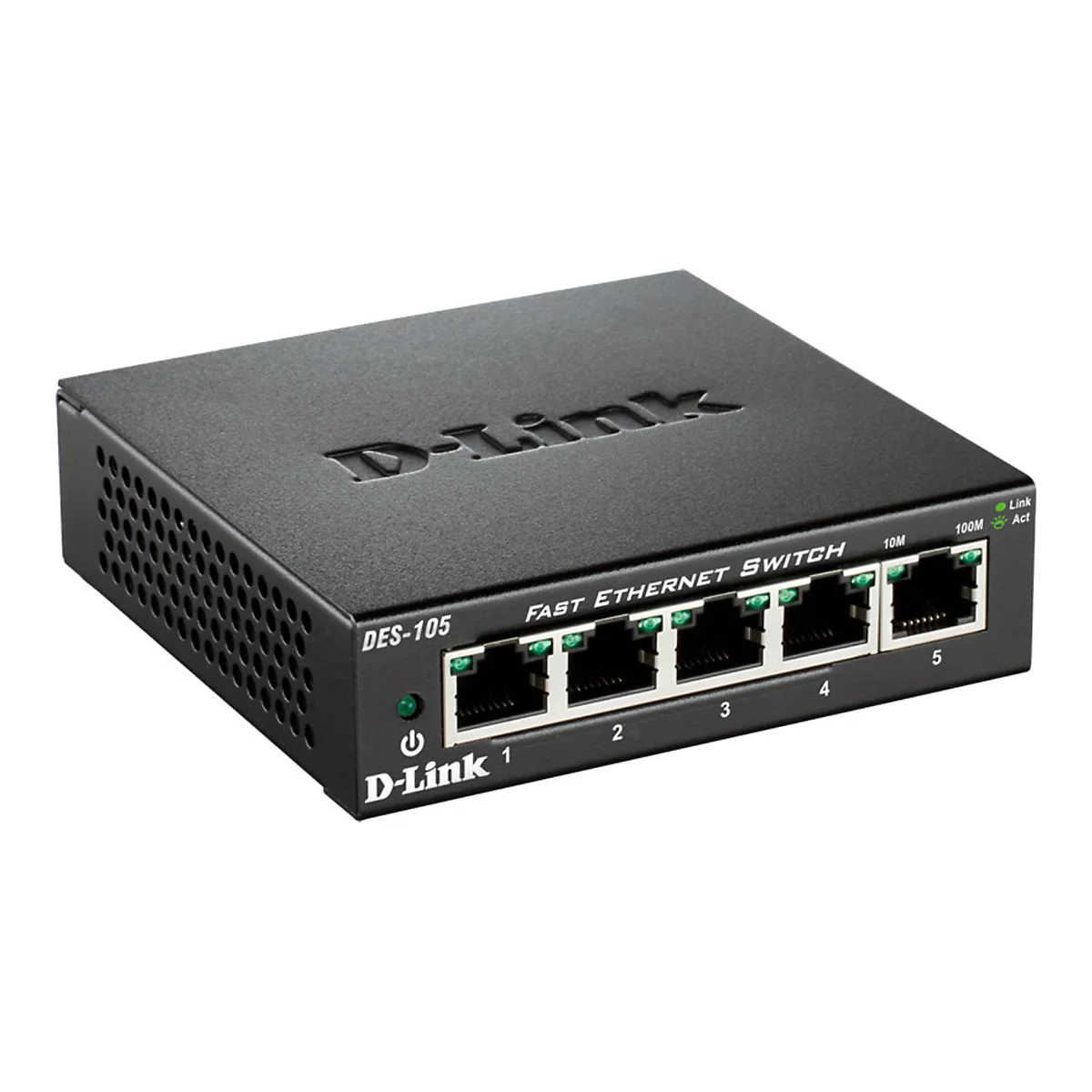 Schwarzer D-Link Fast Ethernet Switch mit 5 Ports. Aufschrift: DES-105, 1, 2, 3, 4, 5. Mit LEDs für Link und Aktivität.