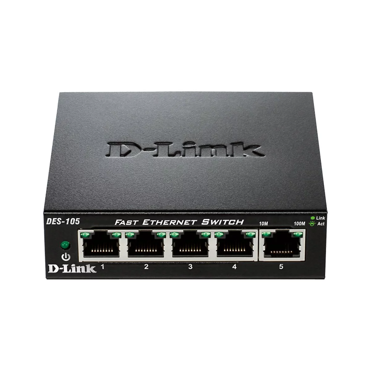 Schwarzer D-Link Fast Ethernet Switch mit fünf Anschlüssen. Aufschrift: DES-105, Fast Ethernet Switch, D-Link.