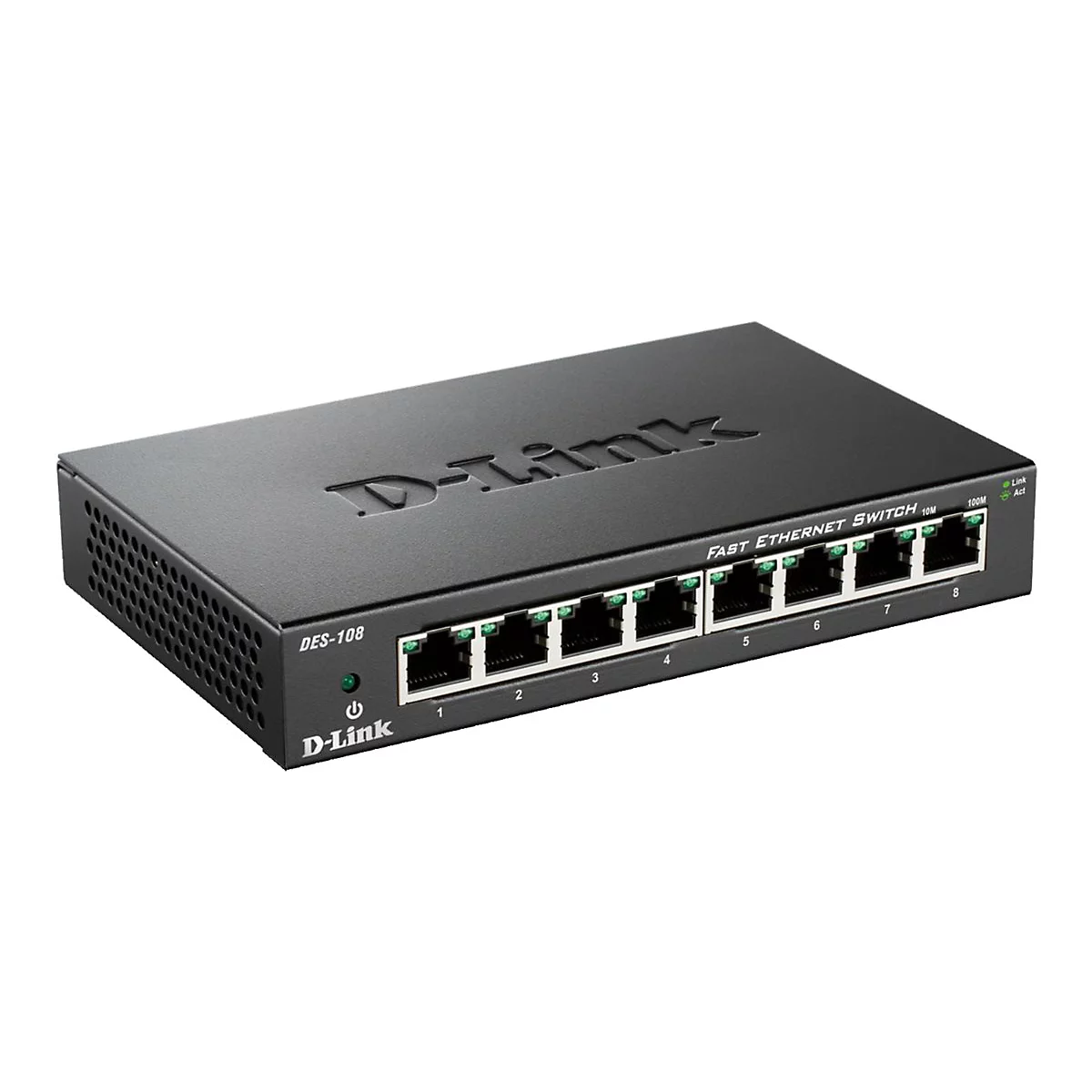 Ein schwarzer D-Link Fast Ethernet Switch DES-108 mit acht Ports, Beschriftung und LED-Anzeigen.