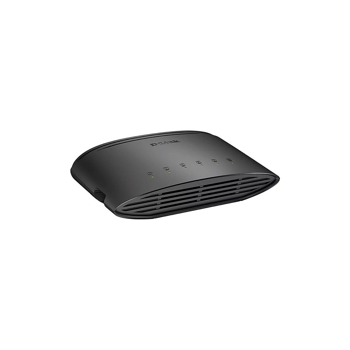 Commutateur Ethernet D-Link noir. Logo en haut et voyants verts.