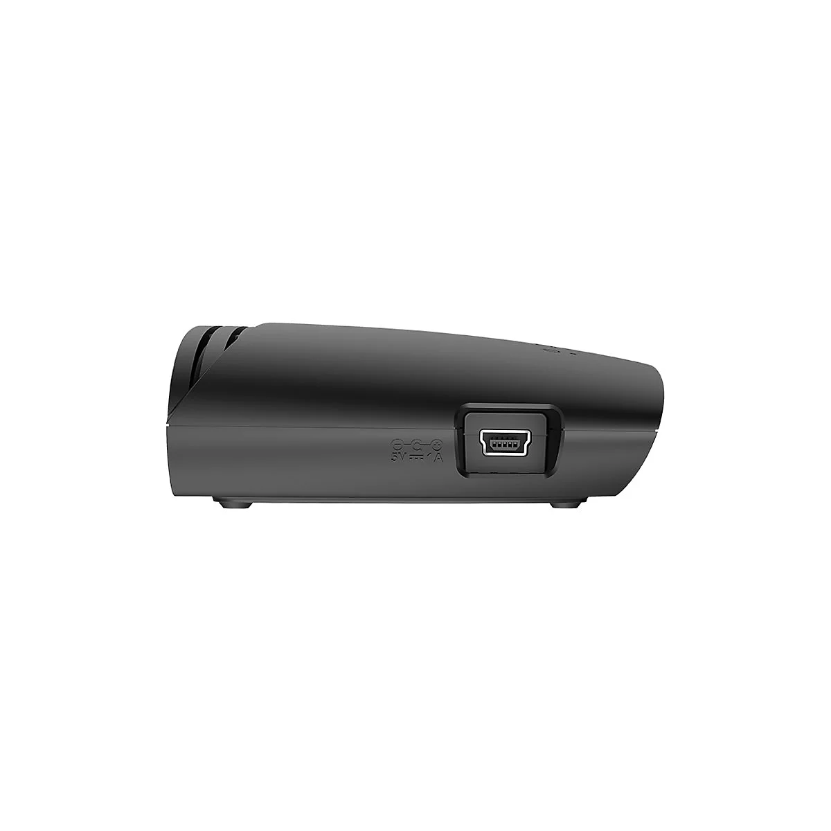 Appareil rectangulaire noir avec port USB, symboles et l'inscription 5V 1A sur fond blanc.
