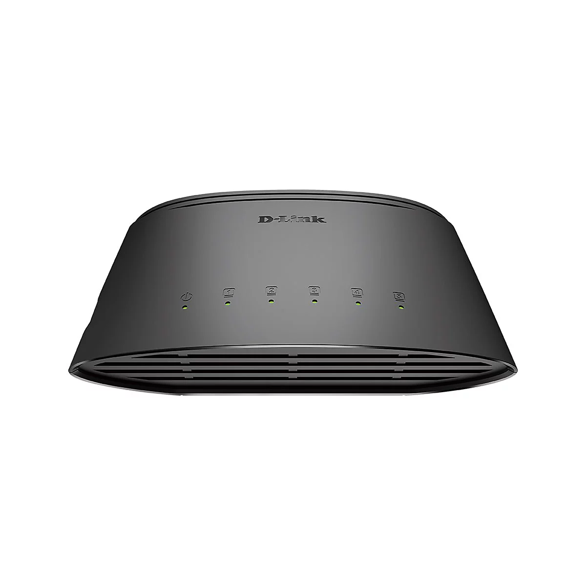 Schwarzer D-Link-Router mit grünen LEDs. Oben steht der Markenname. Das Gerät hat ein trapezförmiges Design.