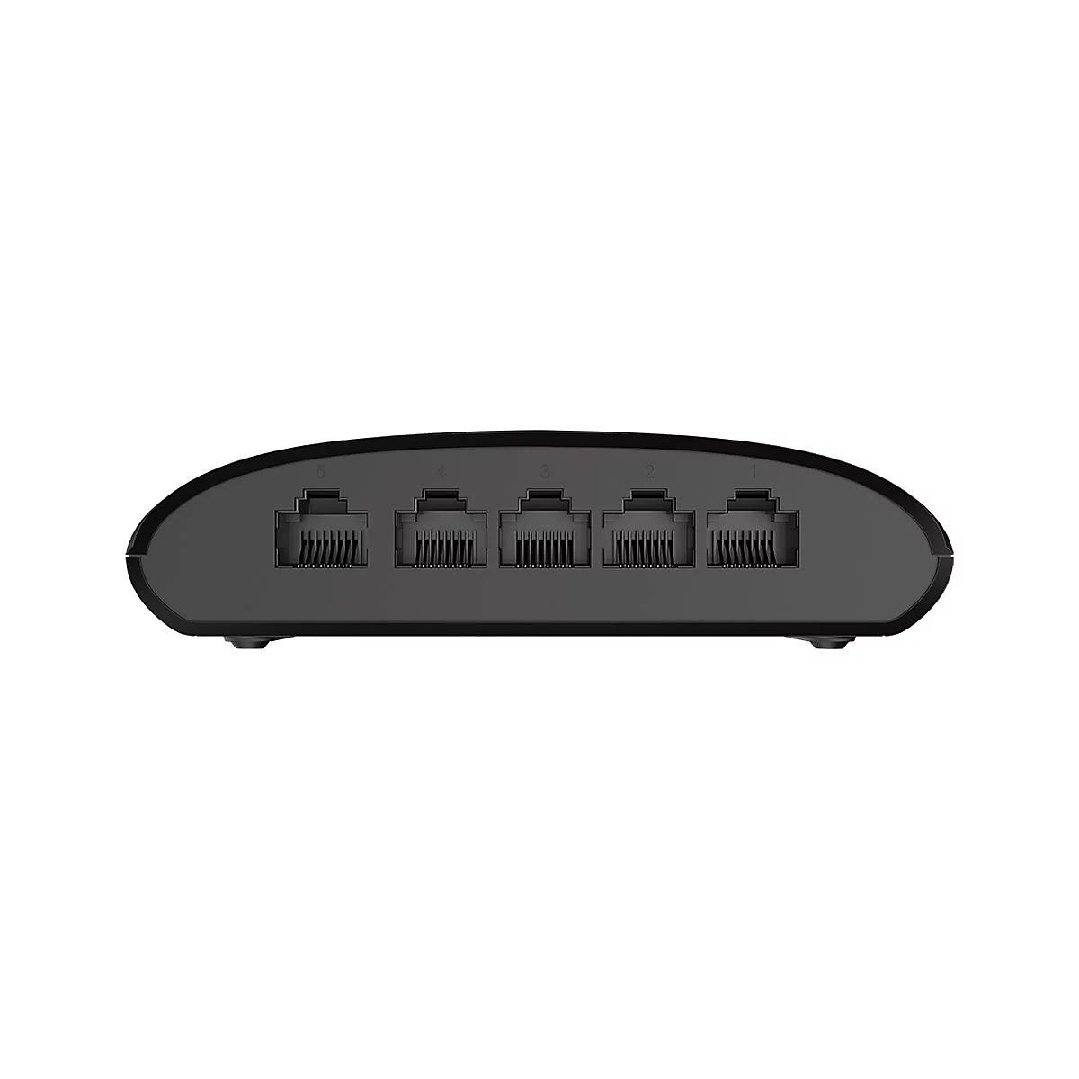 Schwarzer Netzwerk-Switch mit fünf Ethernet-Anschlüssen. Oben sind die Anschlüsse mit Zahlen gekennzeichnet.