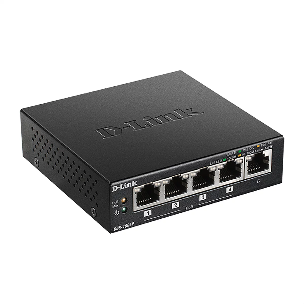 Commutateur réseau D-Link noir avec cinq ports, étiquettes et LED.