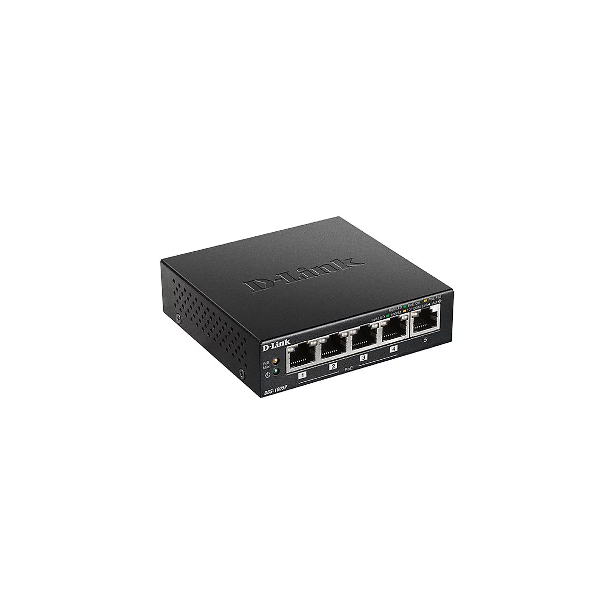 Schwarzer D-Link-Switch mit fünf Anschlüssen. Auf der Oberseite steht groß "D-Link". Unten links befinden sich LEDs.