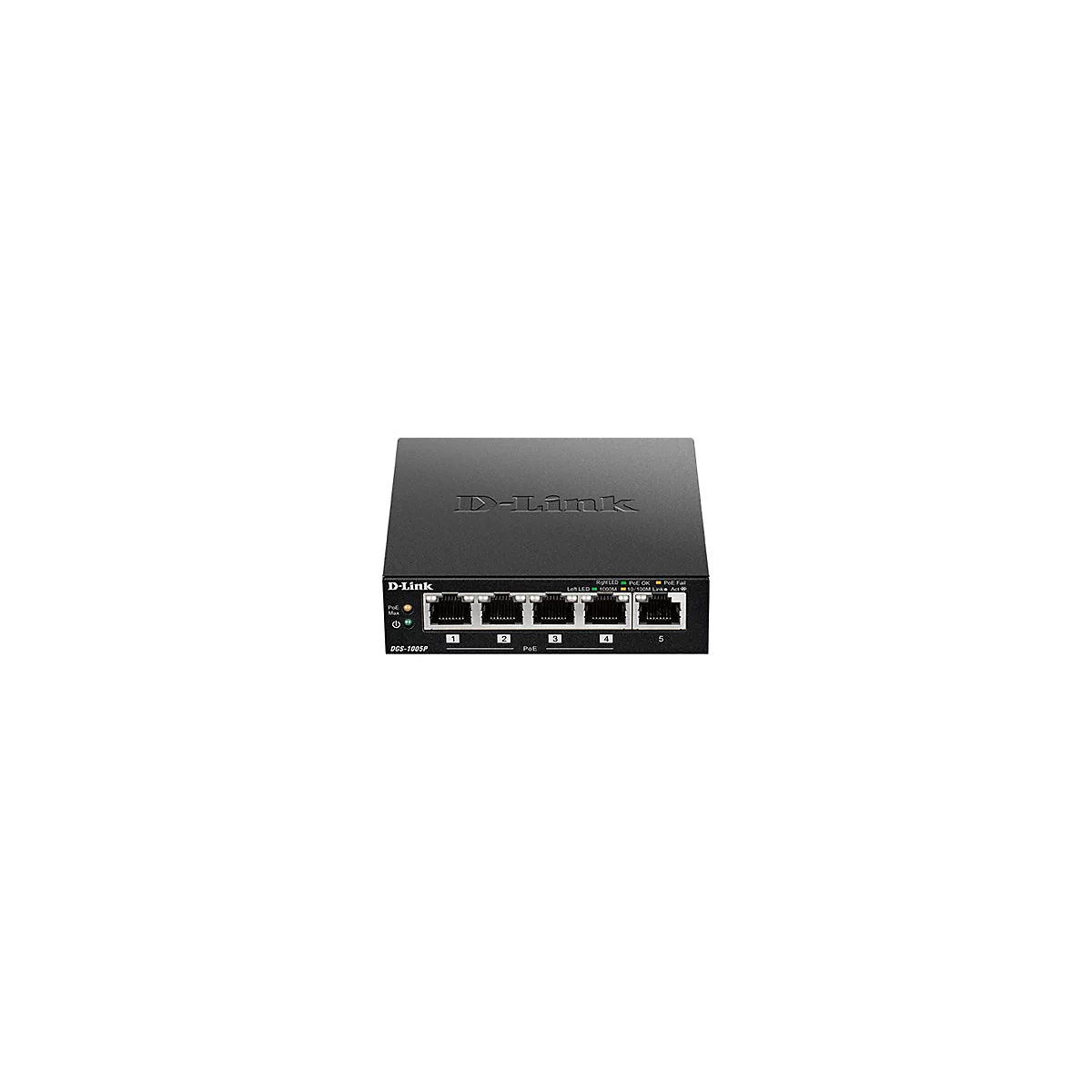 Schwarzer D-Link Netzwerk Switch. 5 Ports, LED Anzeigen, Beschriftung DGS-1005P. Oben das D-Link Logo.