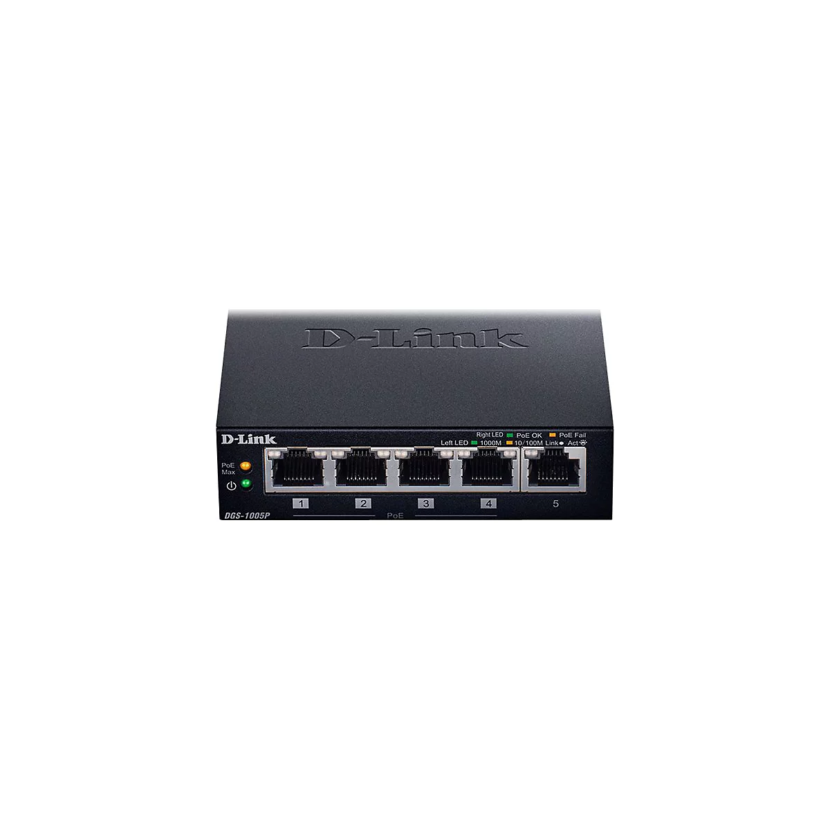 Schwarzer D-Link-Switch mit fünf Anschlüssen, Beschriftungen und LED-Anzeigen. Text: D-Link, DGS-1005P, PoE.