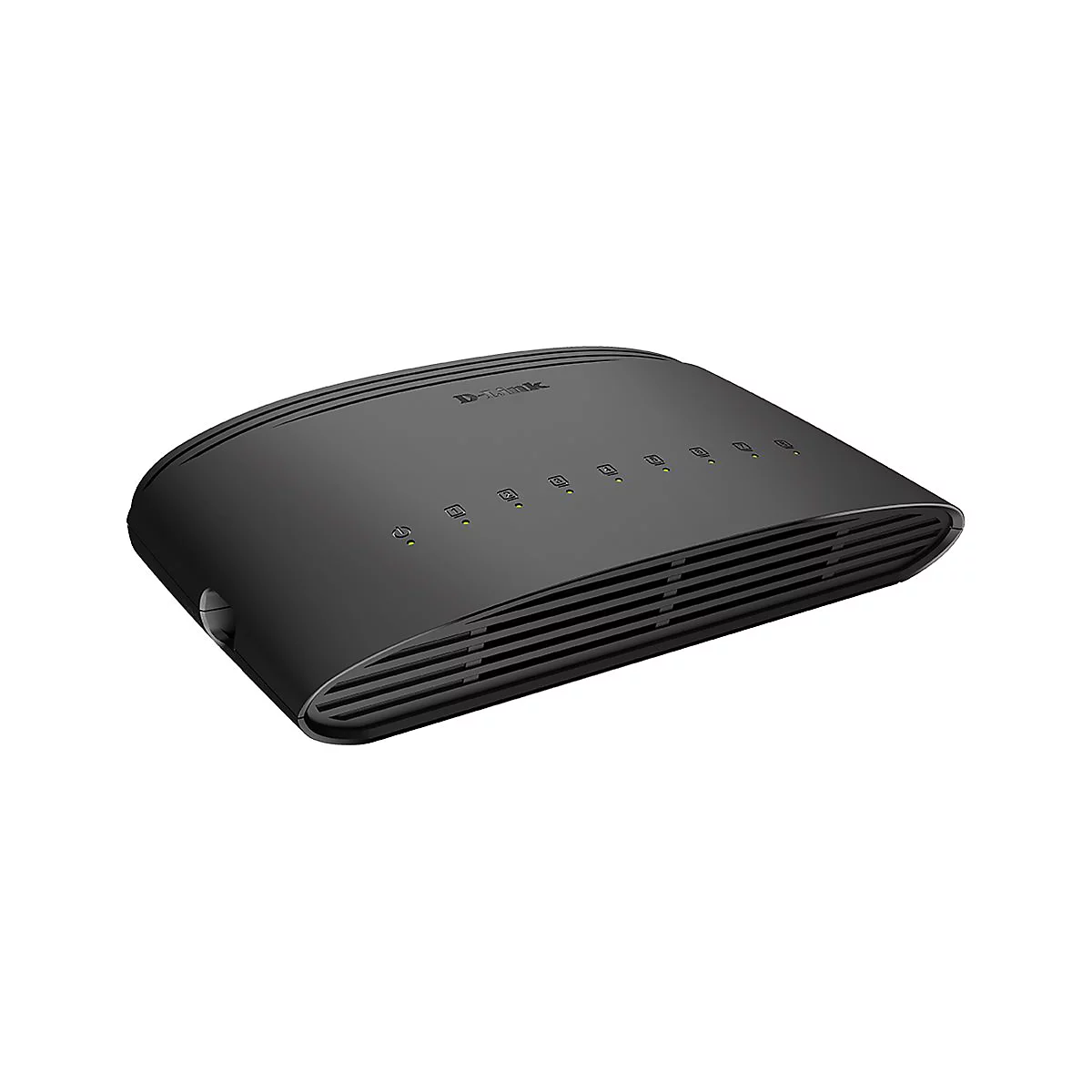 Ein schwarzer D-Link Ethernet-Switch mit grünen Kontrollleuchten, leicht schräg von oben fotografiert.