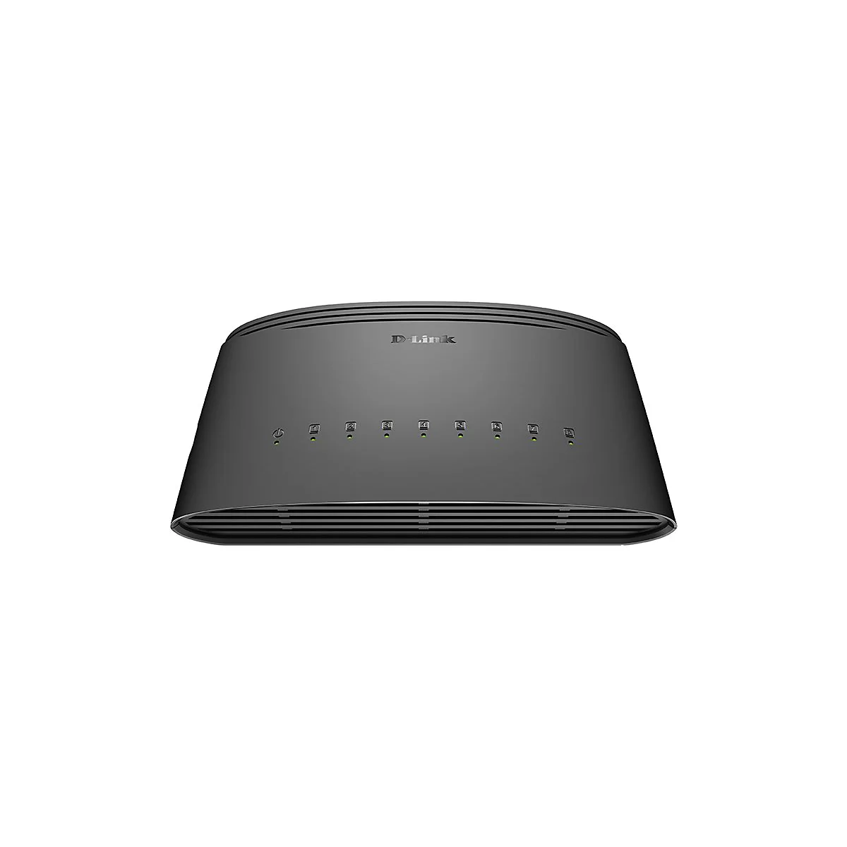 Dunkelgrauer D-Link-Switch, Frontansicht. Oben steht D-Link, darunter leuchten grüne LEDs. Das Gerät ist auf weißem Hintergrund platziert.