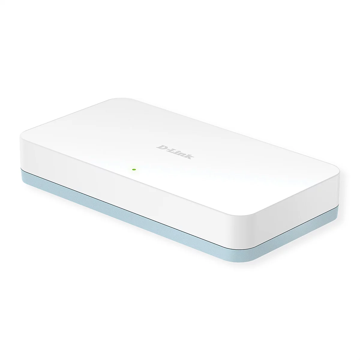 Routeur D-Link blanc avec bord bleu clair et lumière verte. D-Link écrit dessus.