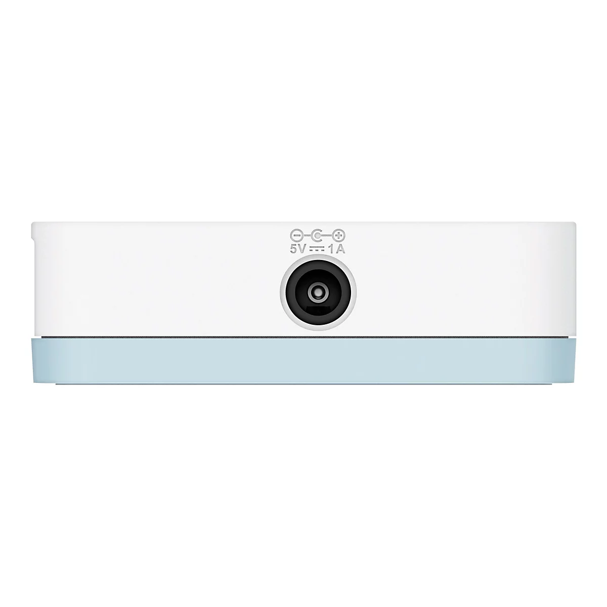 Gros plan d'un appareil blanc avec une base bleu clair et un connecteur noir portant la mention "5V == 1A".