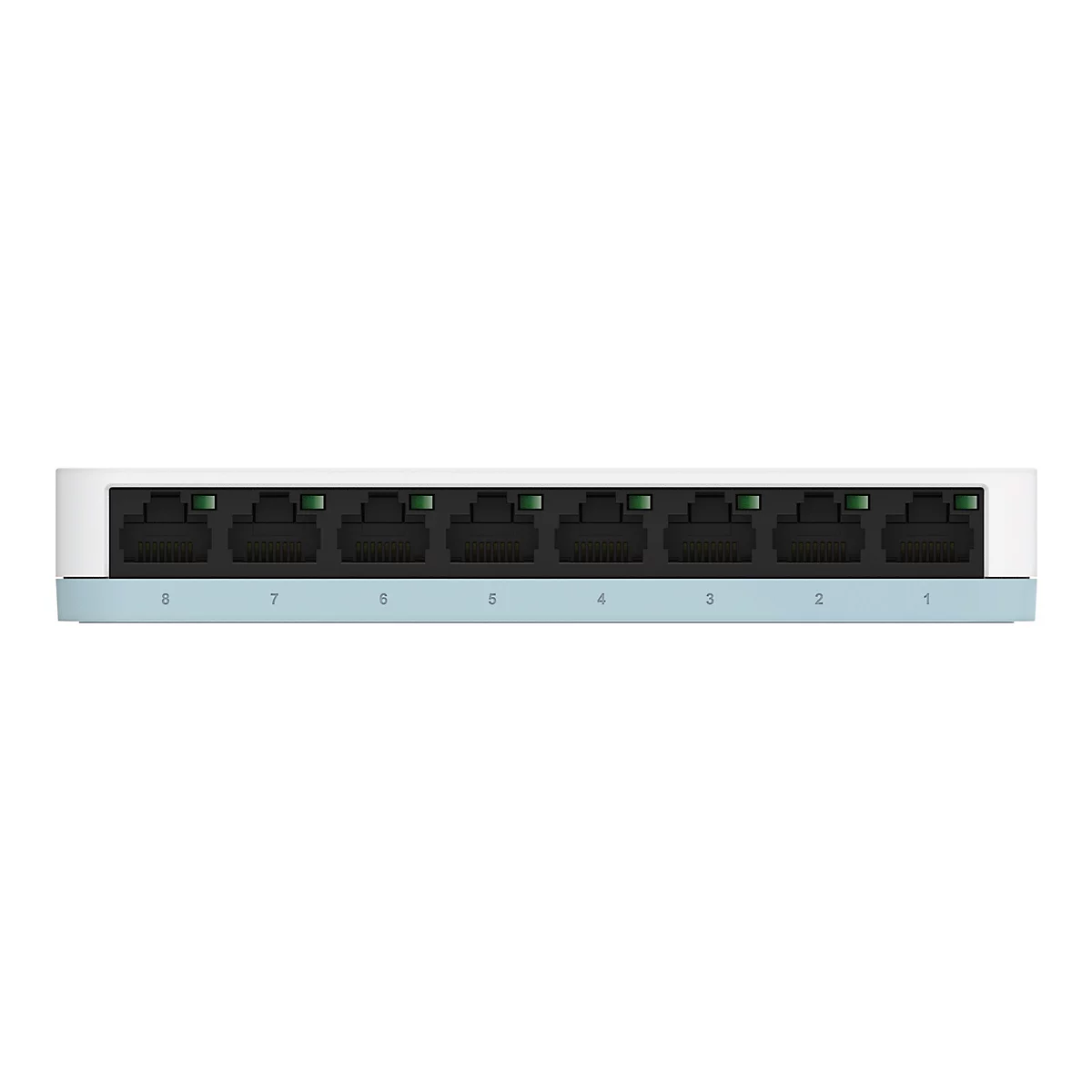 Un commutateur réseau blanc et bleu clair avec huit ports Ethernet. Chaque port dispose d'une LED verte. Les ports sont numérotés de 1 à 8.