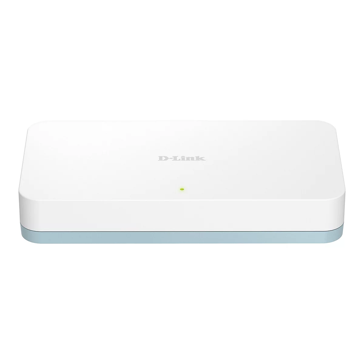 Un appareil D-Link blanc avec une base bleu clair et une lumière verte.