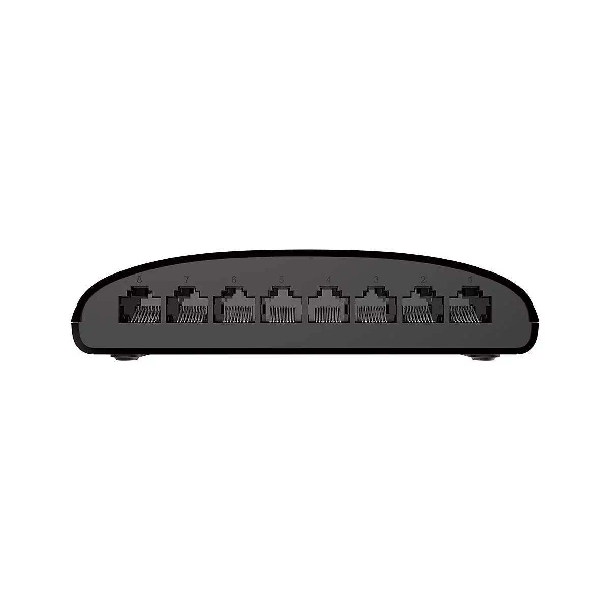 Commutateur réseau noir avec huit ports Ethernet, numérotés de 1 à 8.