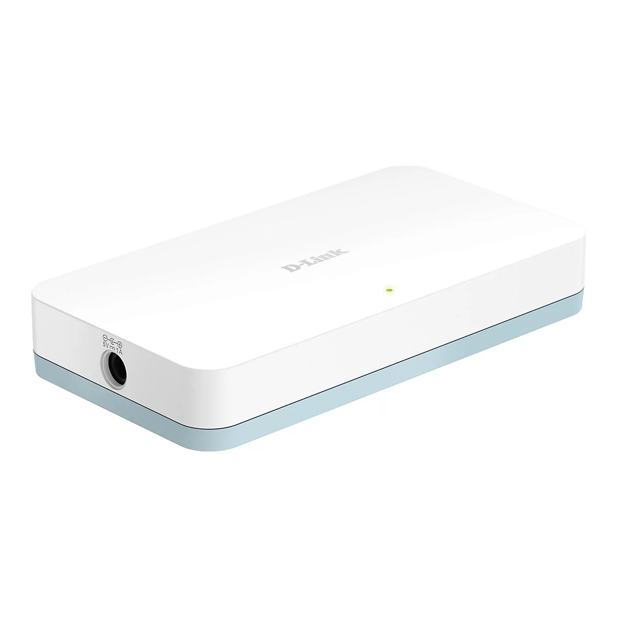 Un appareil D-Link blanc avec des accents bleu clair sur les côtés et une lumière verte. Il y a des ports avec du texte sur le côté.