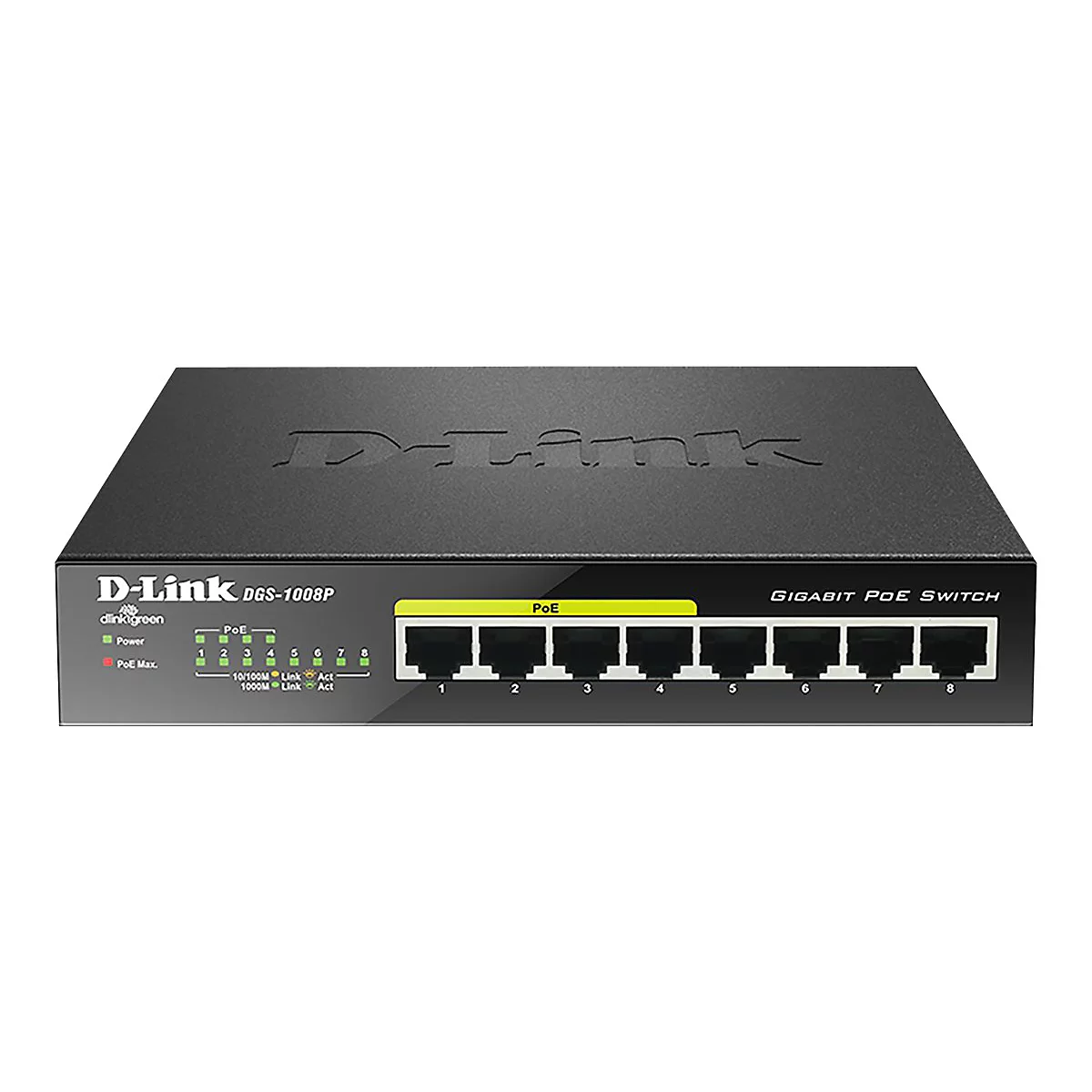 Commutateur D-Link Gigabit PoE noir. Étiquettes : DGS-1008P, Gigabit PoE Switch, PoE, 8 ports.