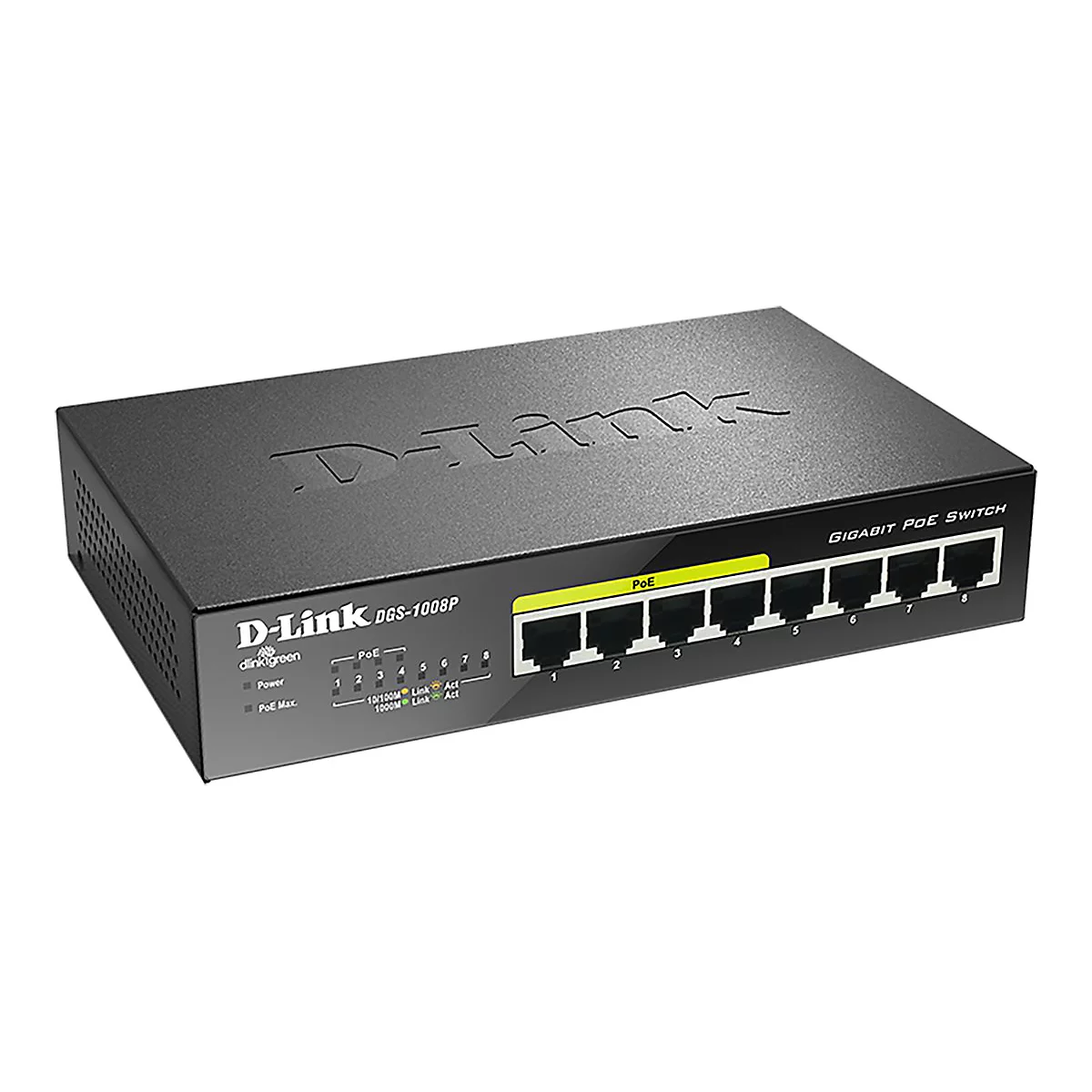 Commutateur D-Link Gigabit PoE noir, huit ports en façade. Texte : D-Link, DGS-1008P, Gigabit PoE Switch.