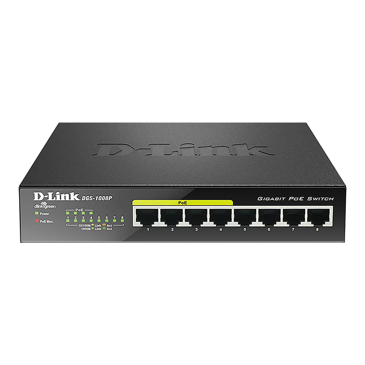 Ein schwarzer D-Link Gigabit PoE Switch, Modell DGS-1008P, mit acht Ports und LED-Anzeigen.