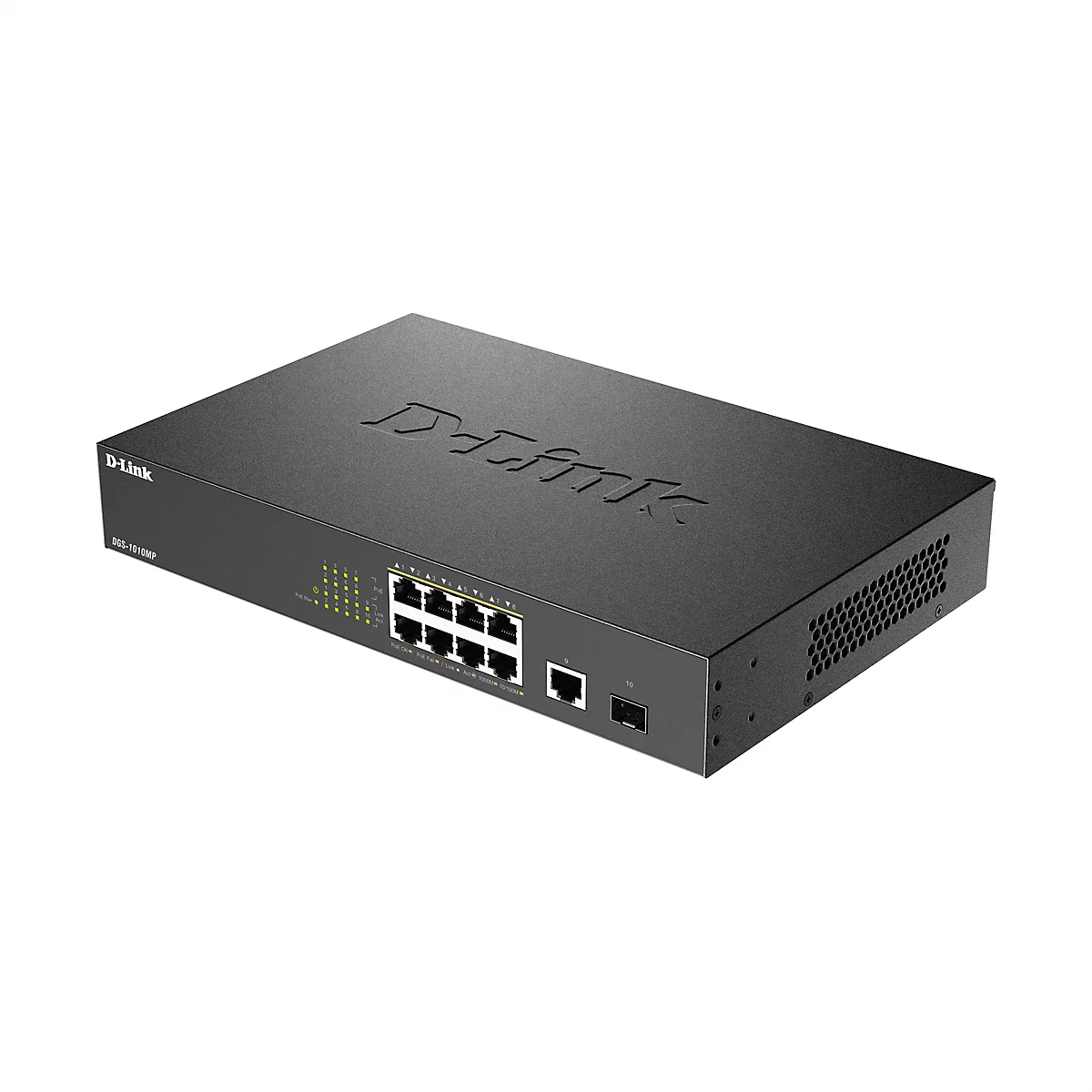 Schwarzer D-Link Netzwerkswitch, oben Logo und Produktbezeichnung. Front mit Anschlüssen und LEDs.
