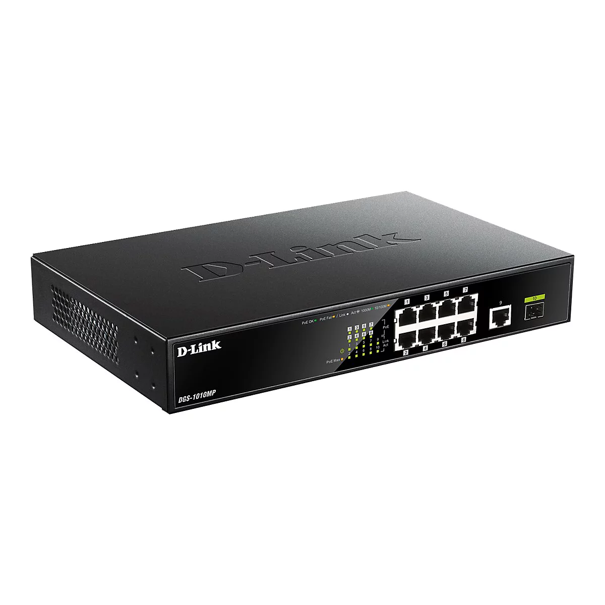 Schwarzer D-Link Netzwerkswitch mit zahlreichen Anschlüssen und LEDs, vor weißem Hintergrund.