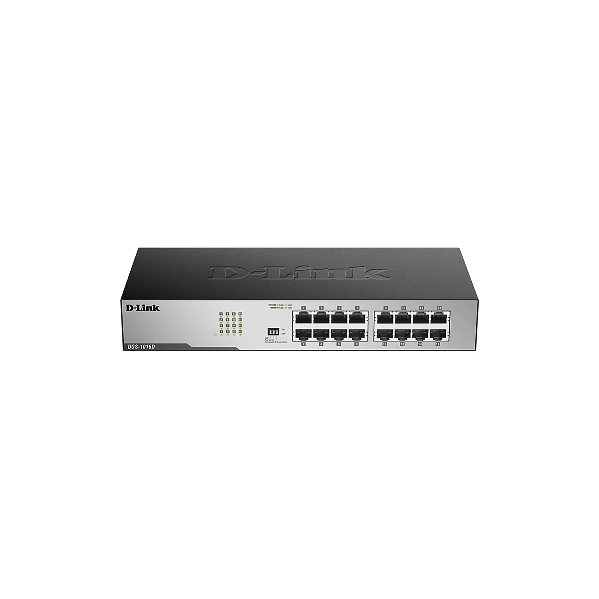 Commutateur D-Link DGS-1016D avec ports, indicateurs et commutateurs sur fond blanc.