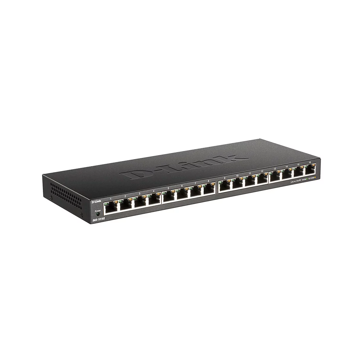 Schwarzer D-Link-Switch mit 16 Ports. Beschriftung: D-Link, DGS-1016S, Ports 1 bis 16.