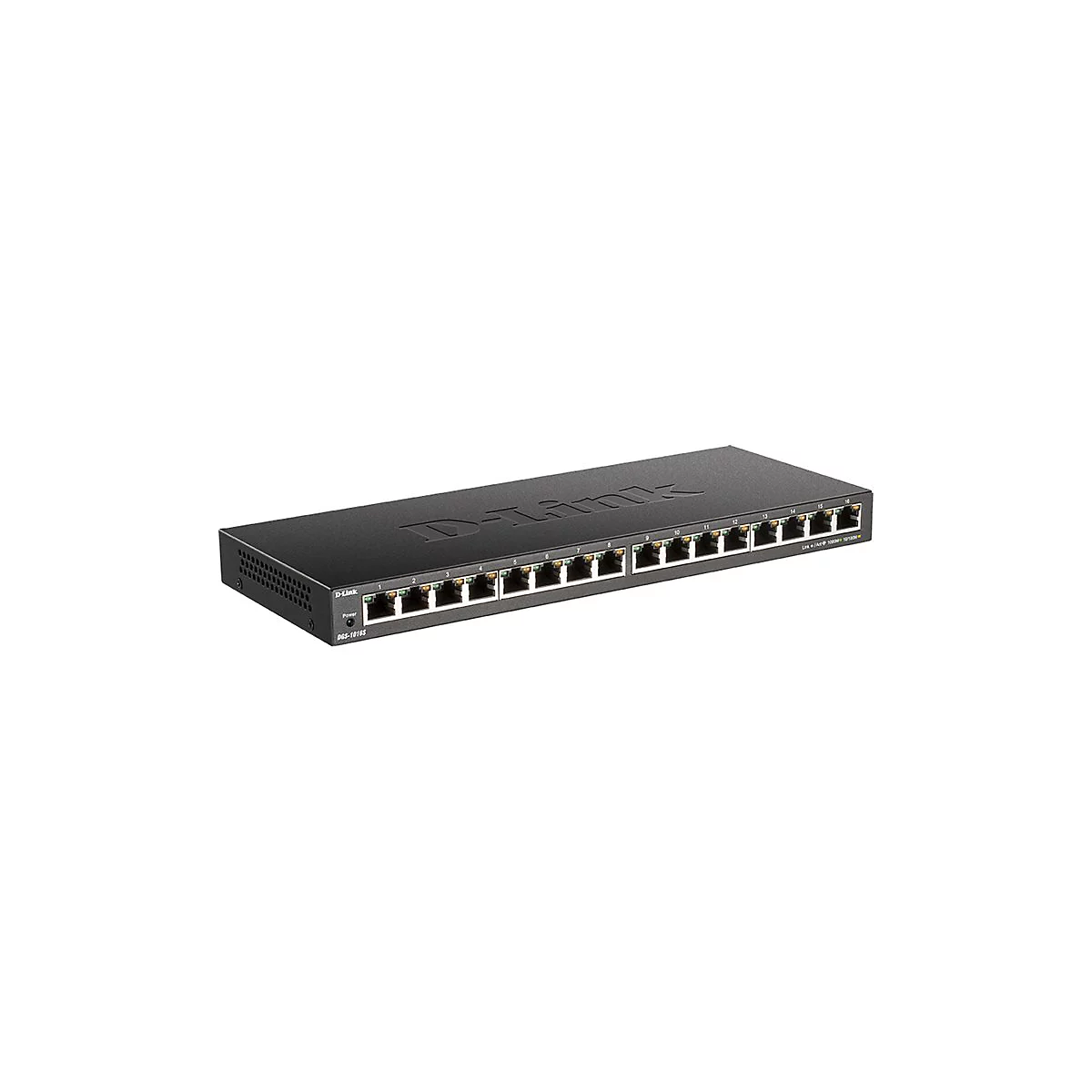 Ein schwarzer D-Link Netzwerkswitch mit 16 Ports, auf weißem Hintergrund.