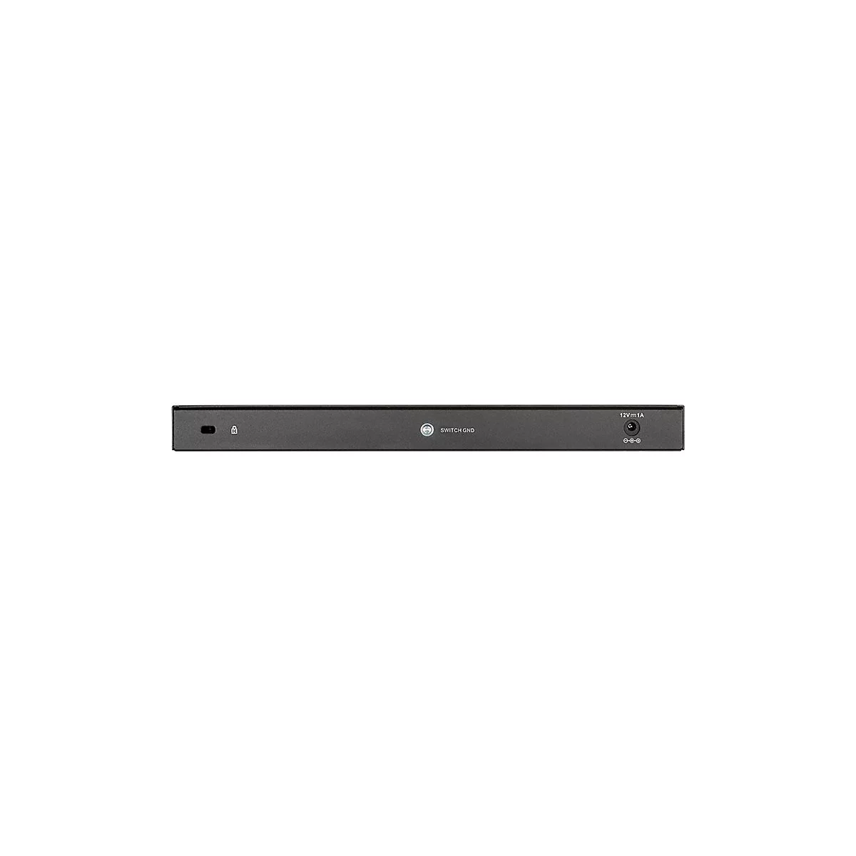Schwarzer Netzwerk-Switch. Aufschrift: Switch GND, 12V 1A.
