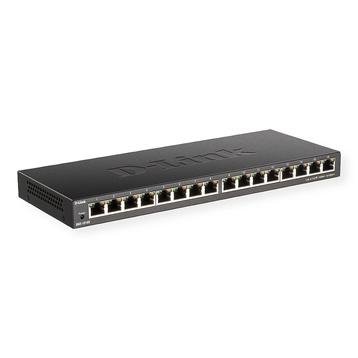Schwarzer Netzwerk-Switch mit mehreren Ports und D-Link Logo. Ports sind nummeriert. Auf der rechten Seite sind LEDs.