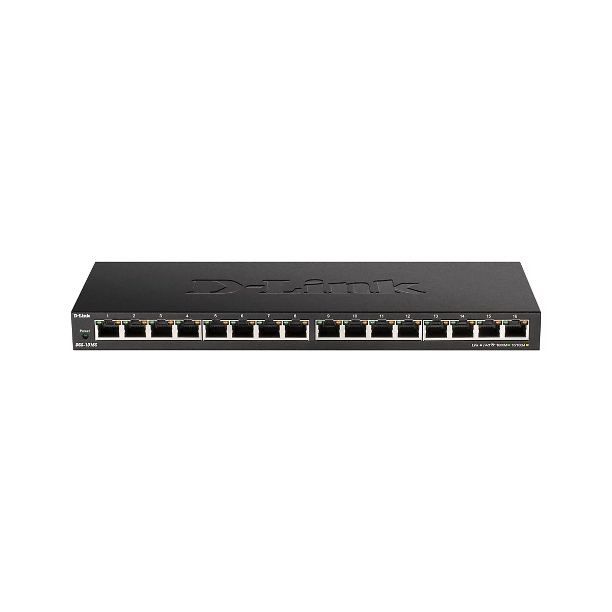 Schwarzer D-Link Netzwerk Switch mit 16 Ports. Beschriftung: DGS-1016S.