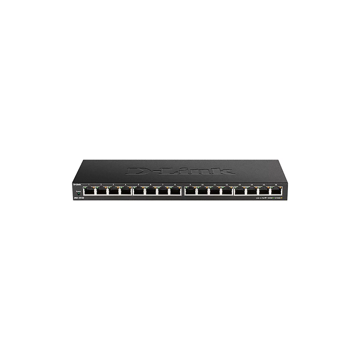 Schwarzer Netzwerk-Switch mit 16 Ports, D-Link Logo, Anschlüsse nummeriert.