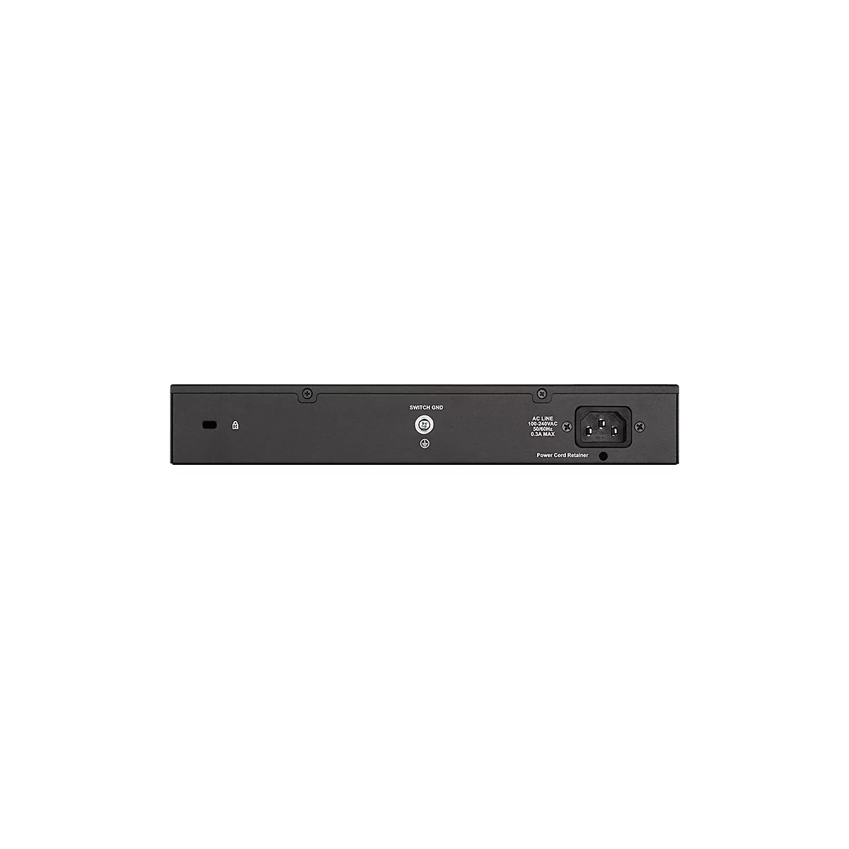 Commutateur réseau gris foncé avec des ports, dont un port d'alimentation et l'inscription 'Power Cord Retainer'.