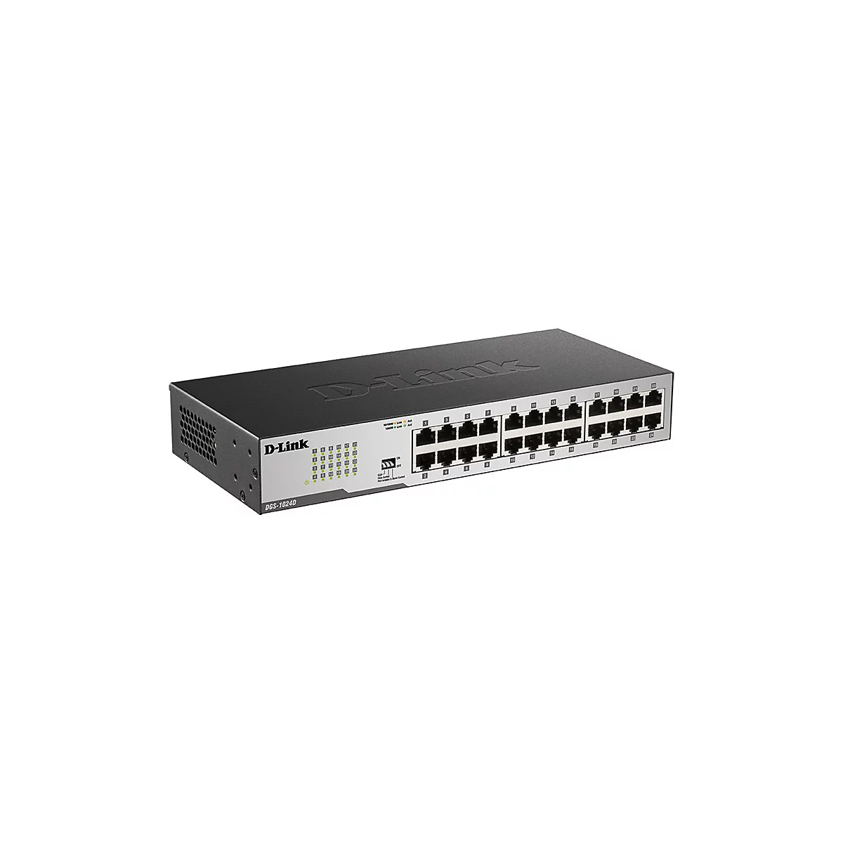 Commutateur réseau D-Link noir avec 24 ports. L'appareil dispose de connecteurs et de voyants.