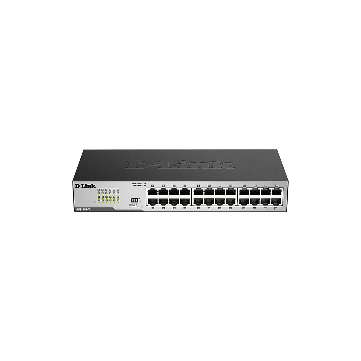Un commutateur D-Link noir avec 24 ports Ethernet. Les ports et les voyants lumineux sont visibles à l'avant. Le nom du fabricant est en haut.