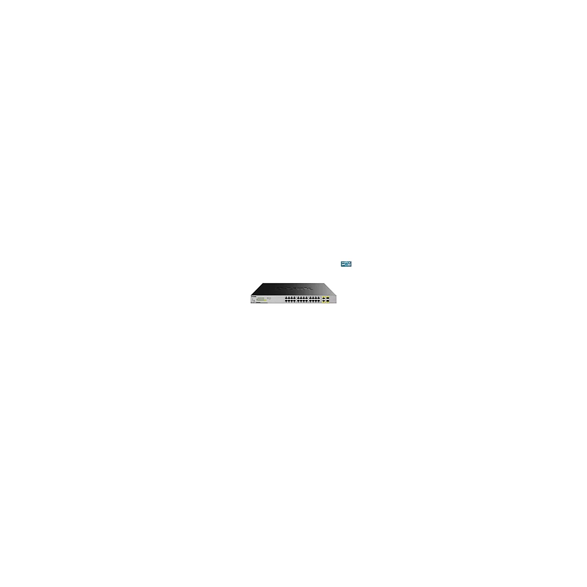 Un commutateur D-Link noir avec de nombreux ports sur fond blanc. Logo May POE en haut à droite.