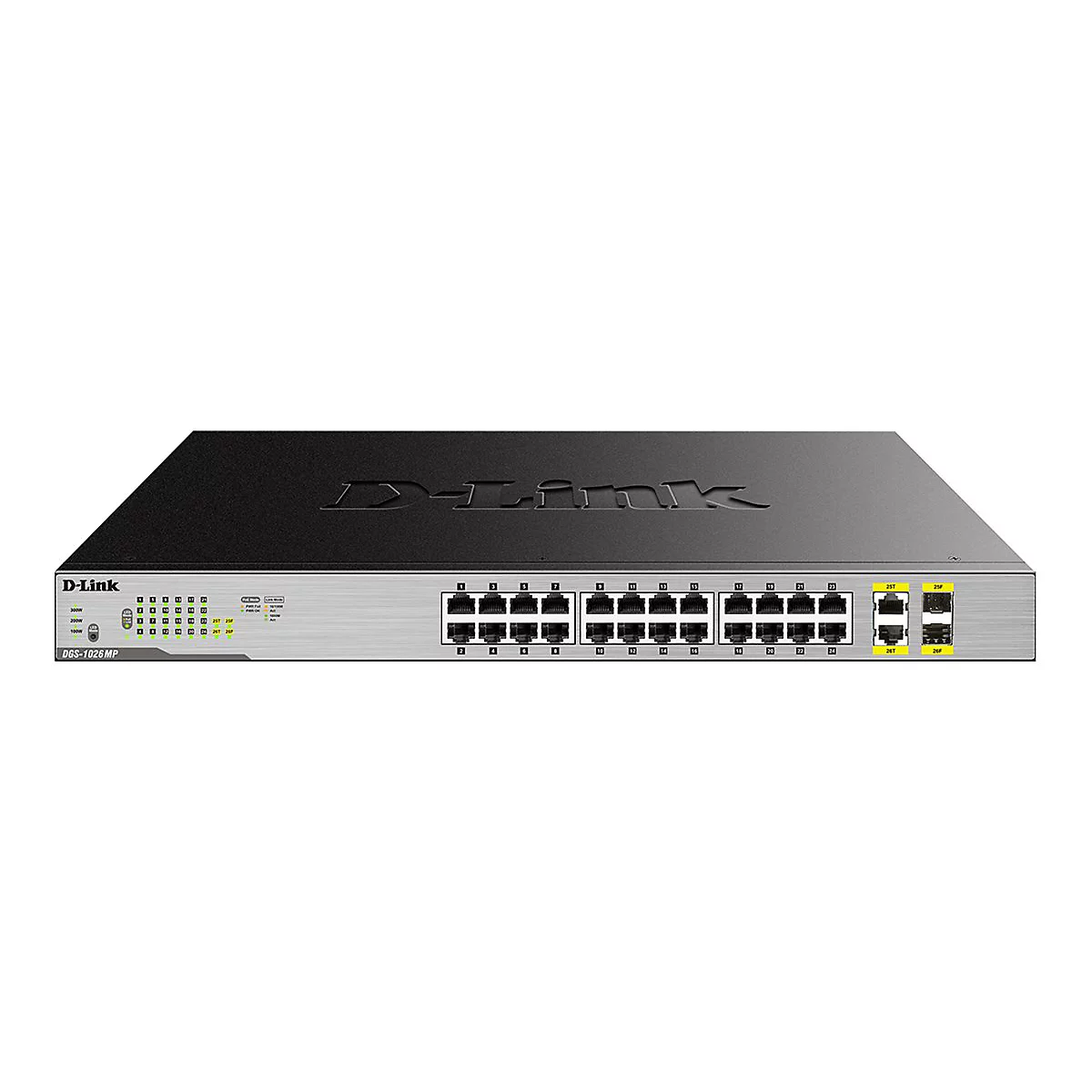 Ein schwarzer D-Link Netzwerkswitch mit 24 Ports und zwei SFP-Ports, vor weißem Hintergrund. Oben steht der Schriftzug D-Link.