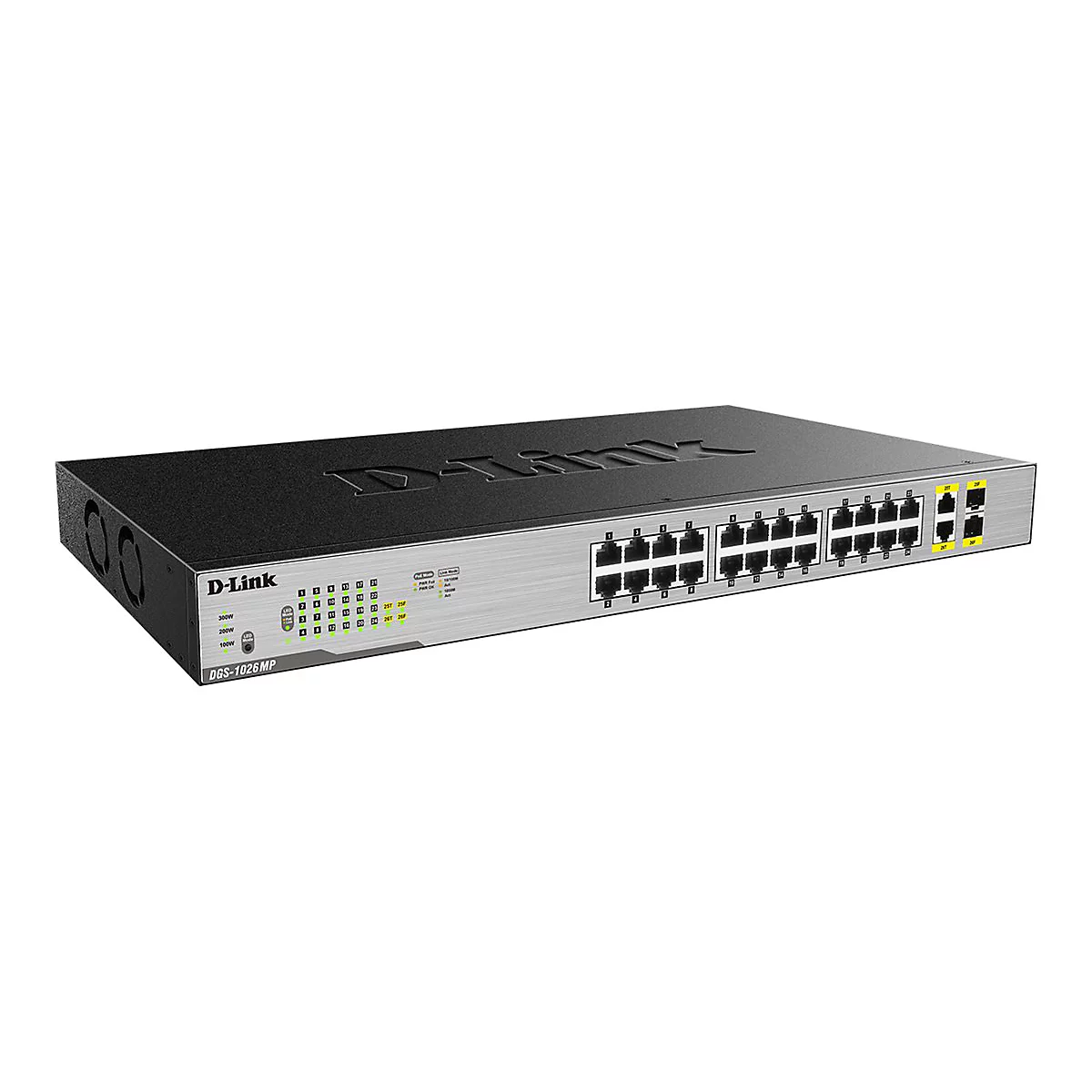 Ein D-Link DGS-1026MP Switch, schwarz und silber, mit zahlreichen Ethernet-Anschlüssen.