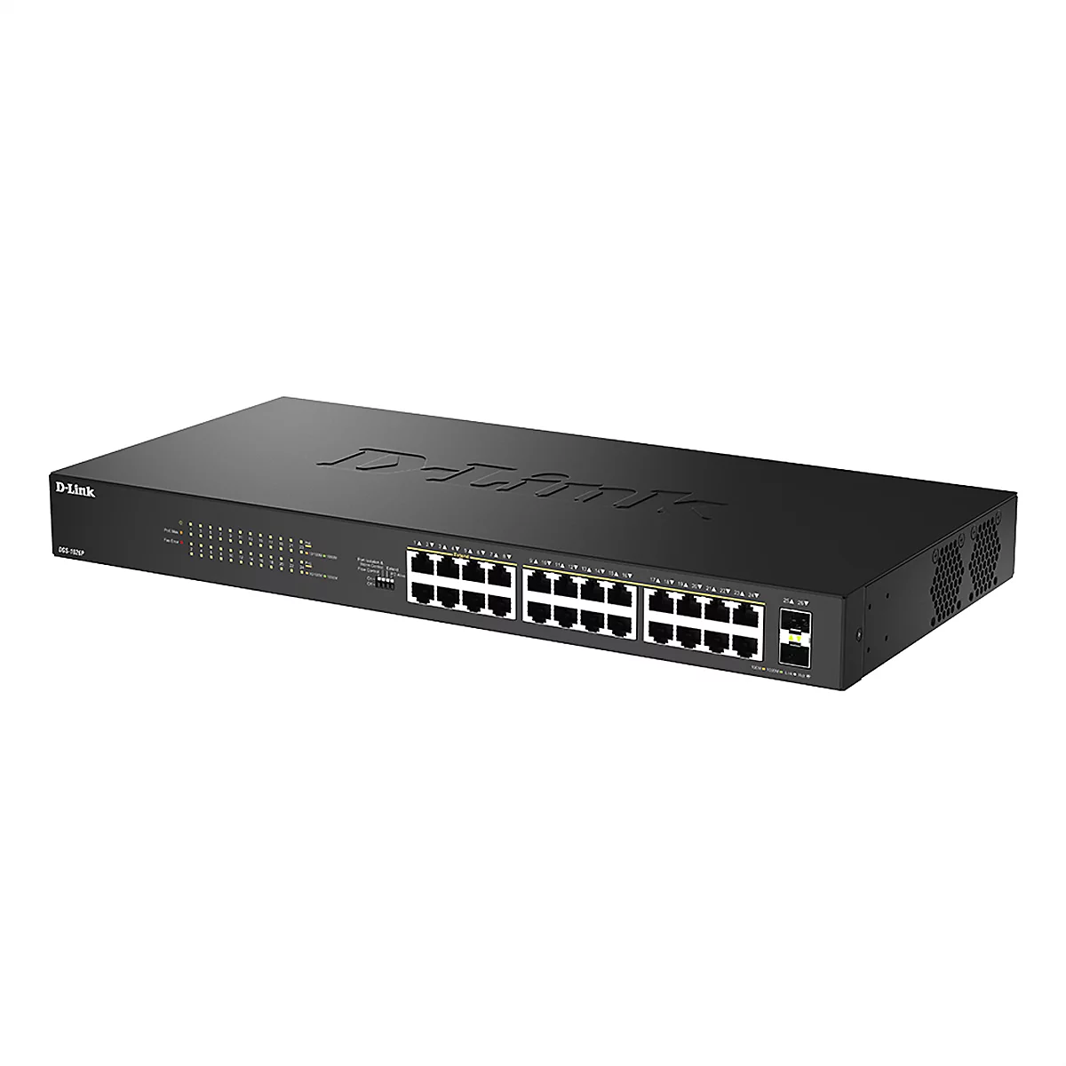 Ein schwarzer D-Link Netzwerkswitch mit zahlreichen Anschlüssen und Anzeigen, vor weißem Hintergrund.