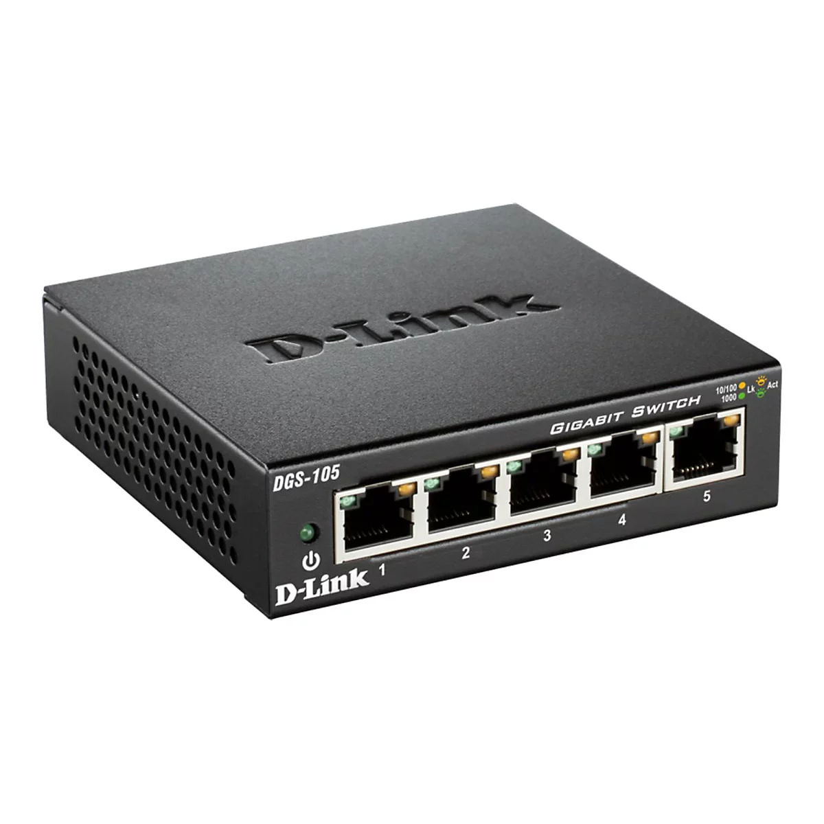 Commutateur Gigabit D-Link noir avec cinq ports. Inscriptions: DGS-105, Gigabit Switch, 10/100/1000 et logo D-Link.