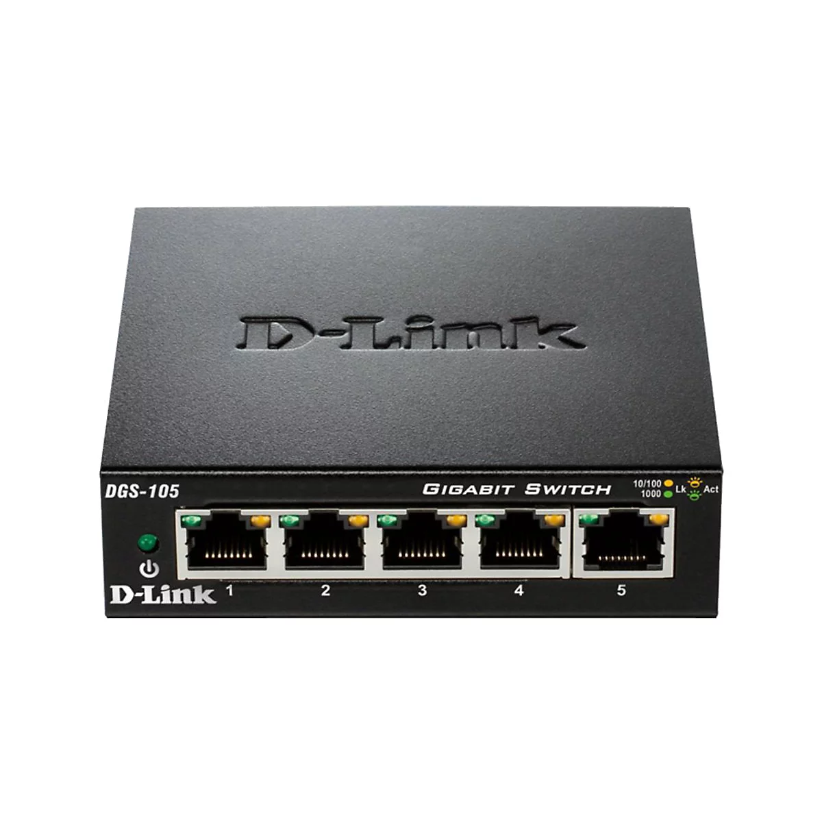 Commutateur Gigabit D-Link noir DGS-105 avec cinq ports. Le logo D-Link est en haut. Les ports sont numérotés. Les lumières indiquent l'activité.