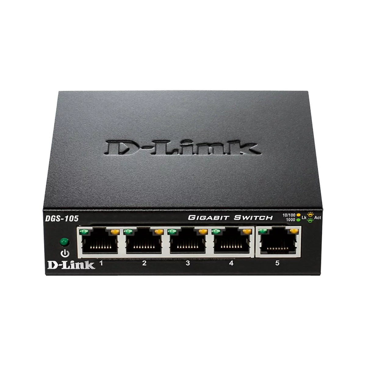 Commutateur Gigabit D-Link noir, étiqueté 'DGS-105'. Comporte cinq ports Ethernet et des voyants. Le logo D-Link est affiché en haut.