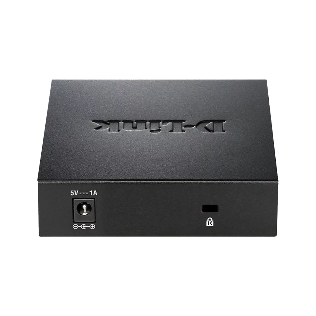 Schwarzer D-Link Netzwerk Switch, Blick von oben. Aufschrift „D-Link“ auf der Oberseite. Anschlüsse und Symbole auf der Vorderseite.