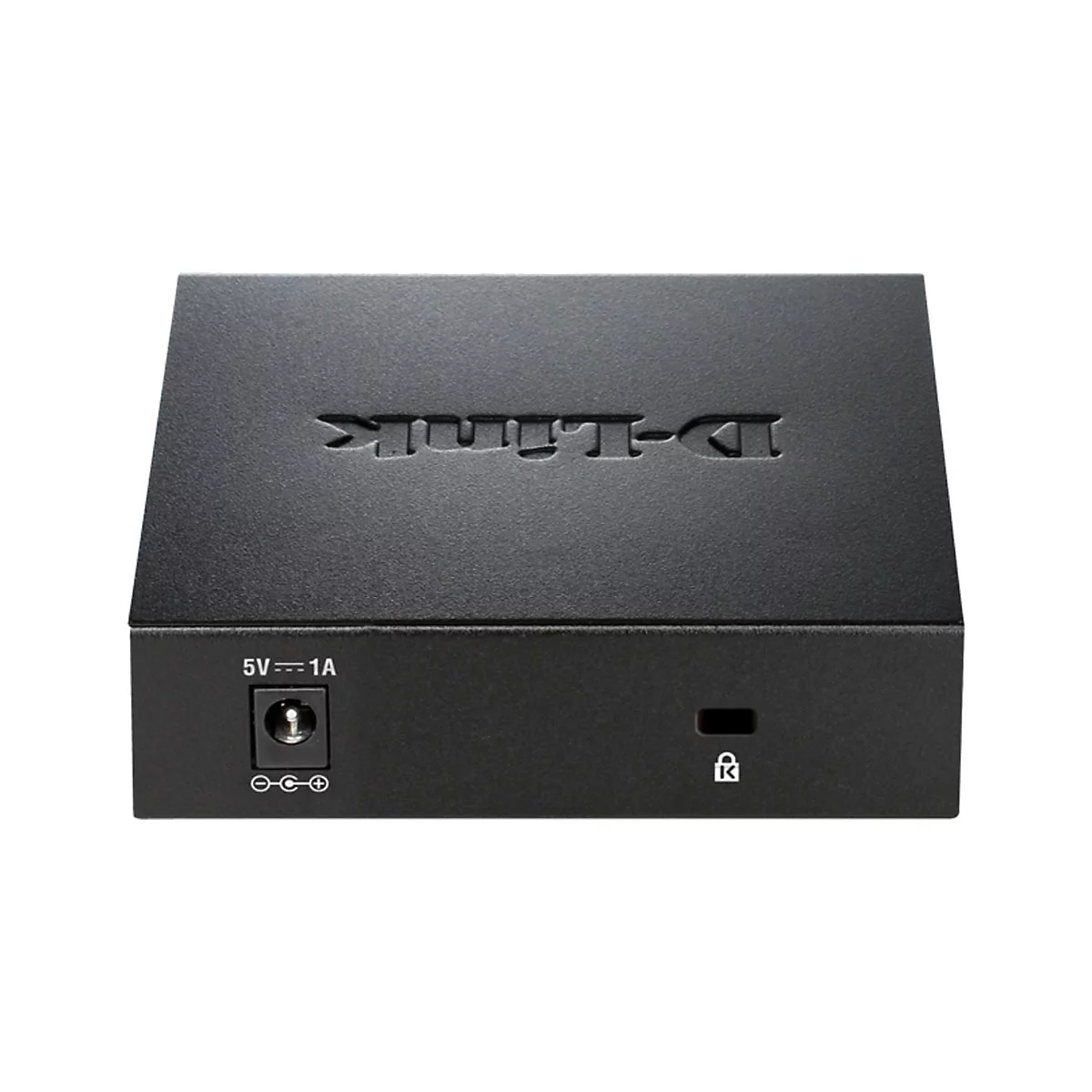 Schwarzes D-Link-Gerät. Oben eingeprägt: D-Link. An der Seite: Stromanschluss, Schloss-Symbol.